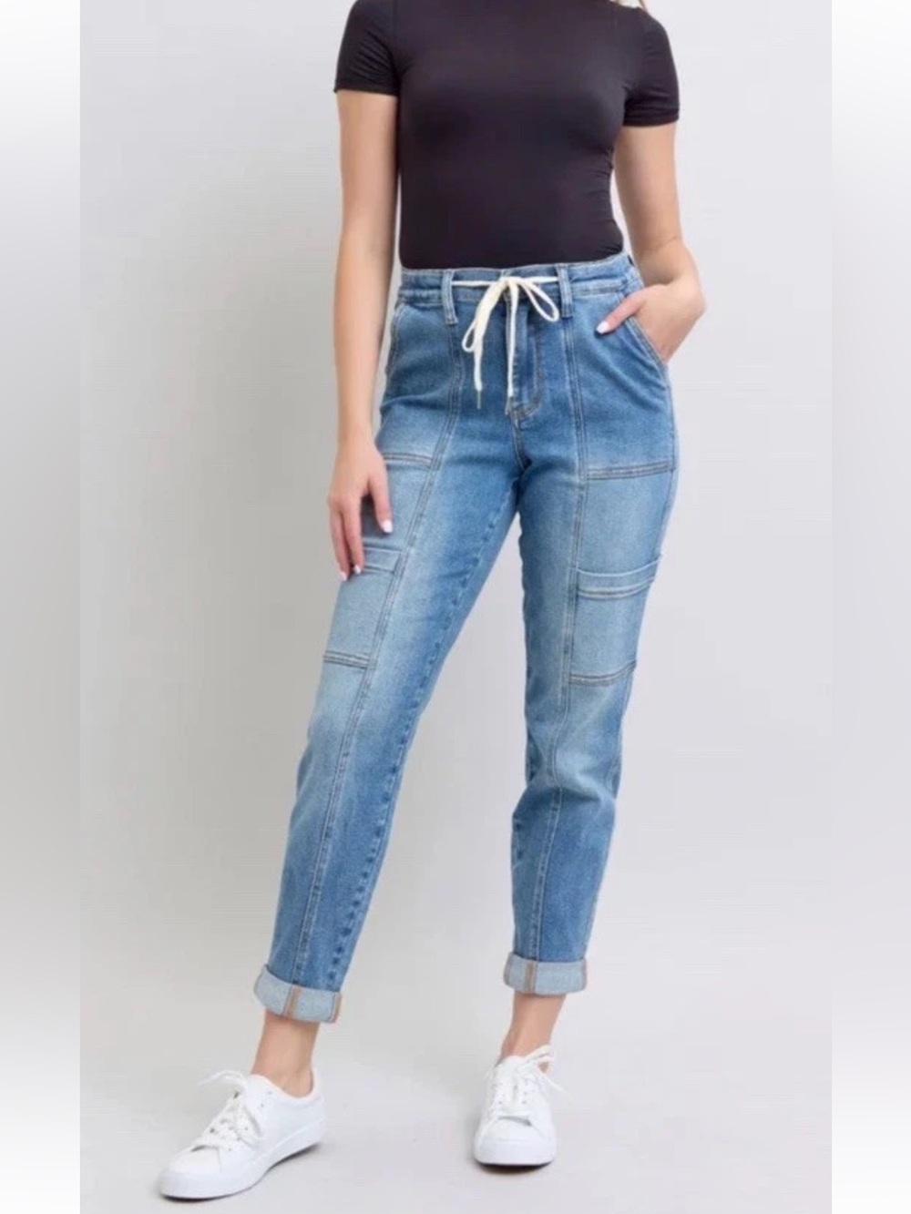 Judy Blue Jogger Cargo Jeans Meadow Breeze Blue Drawstring Size 3 / 26 31 Inseam